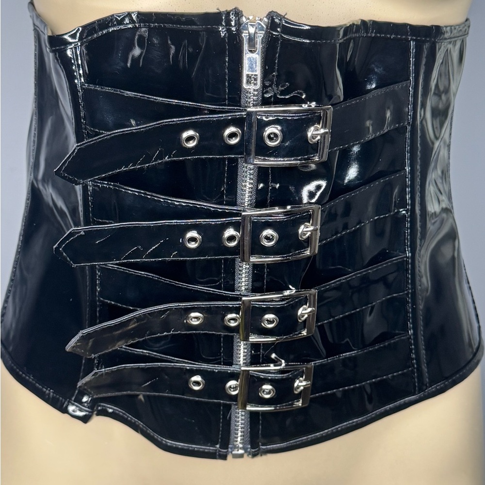 SHEIN Black Patent Corset with Buckle Straps